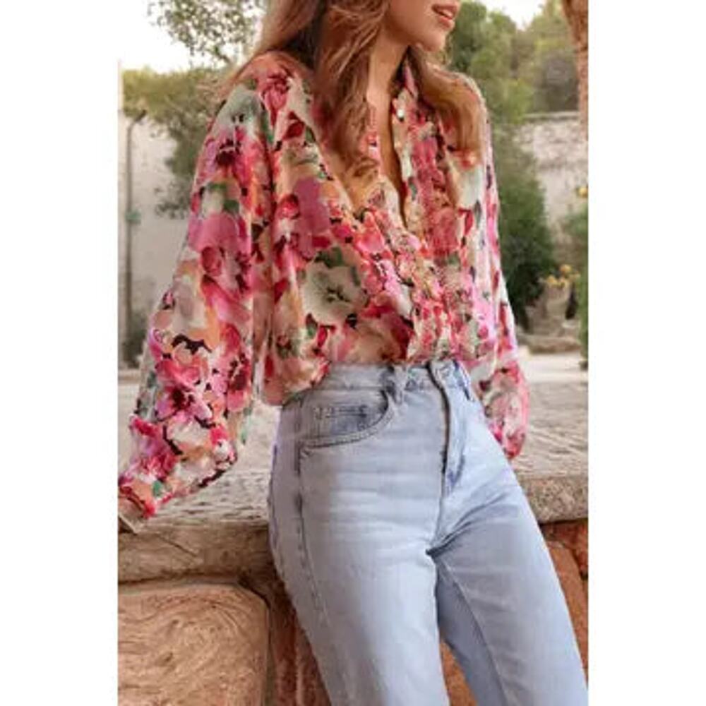 Floral Ruffled Front Long-Sleeve Blouse